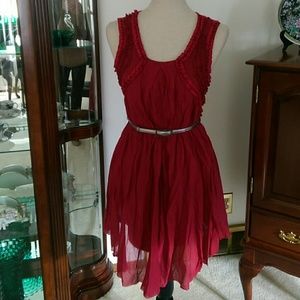 Free People Burgundy Beaded Ruffle Keyhole Mini Dress Size XS